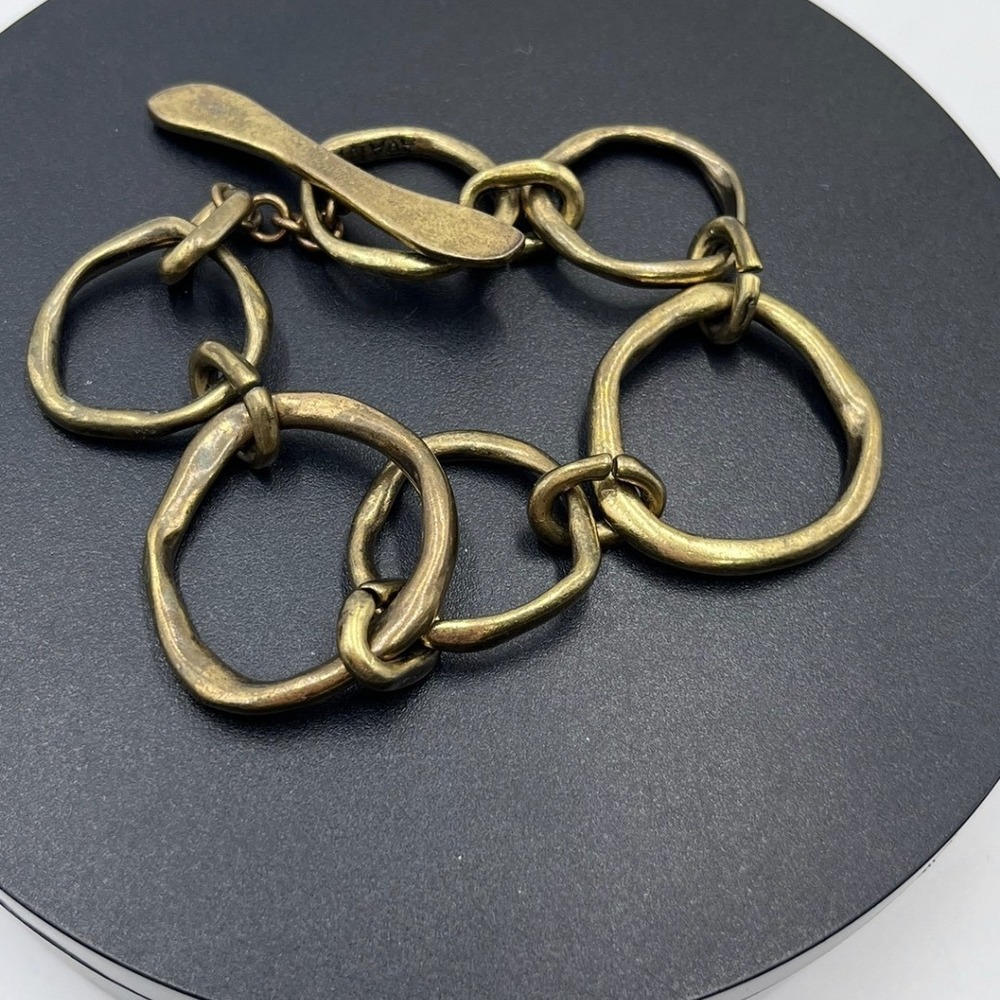 Avant Garde Vintage Organic‎ Circular Link Burnished Gold Tone Toggle Bracelet